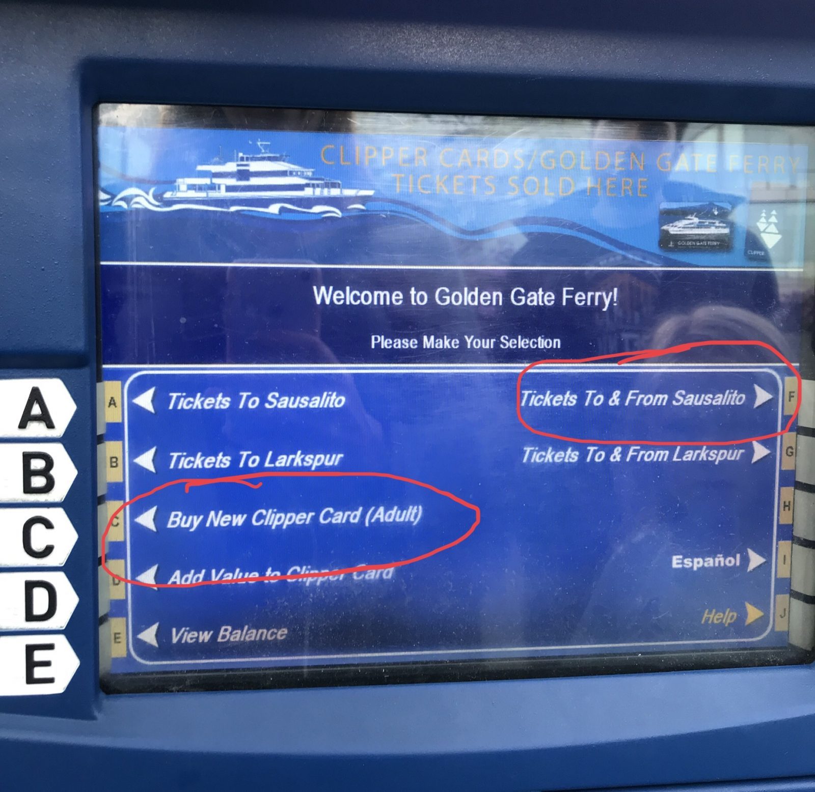 ticket options listed on the machine