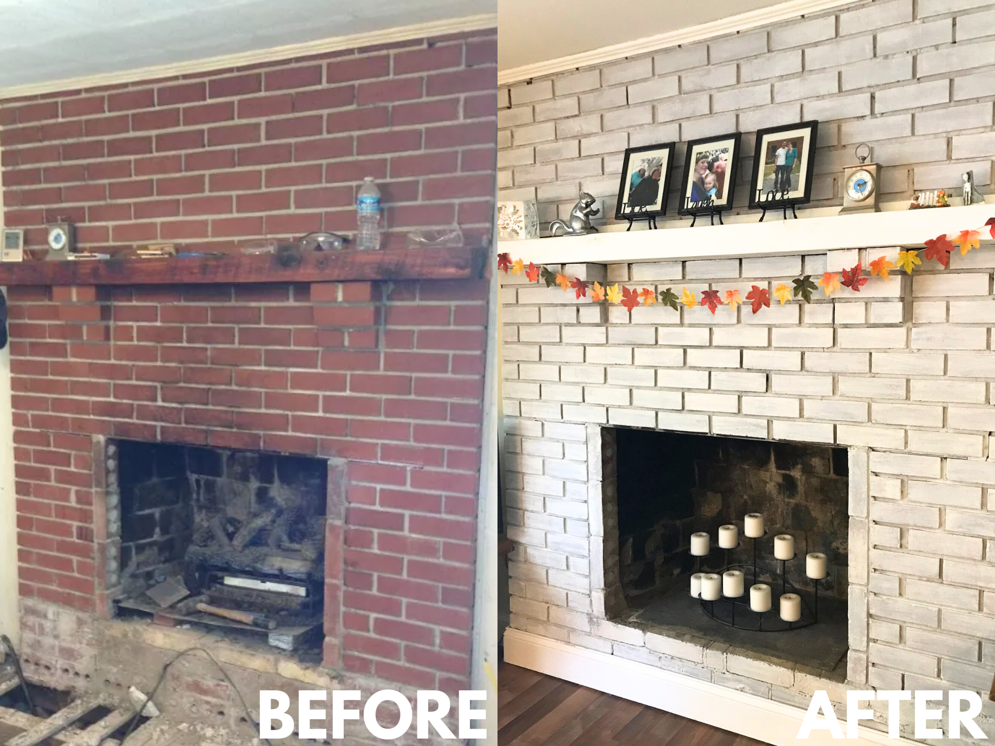whitewash brick fireplace before and after